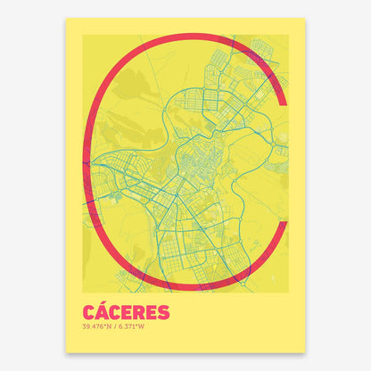 The map of Caceres composed with letters in extra light font printed on yellow and fuchsia