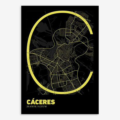 The map of Caceres composed with letters in extra light font printed on black and yellow
