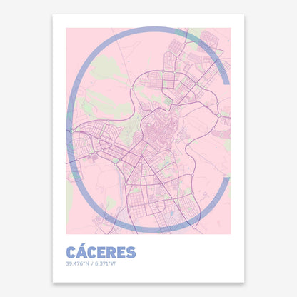 The map of Caceres composed with letters in extra light font printed on pink and light blue