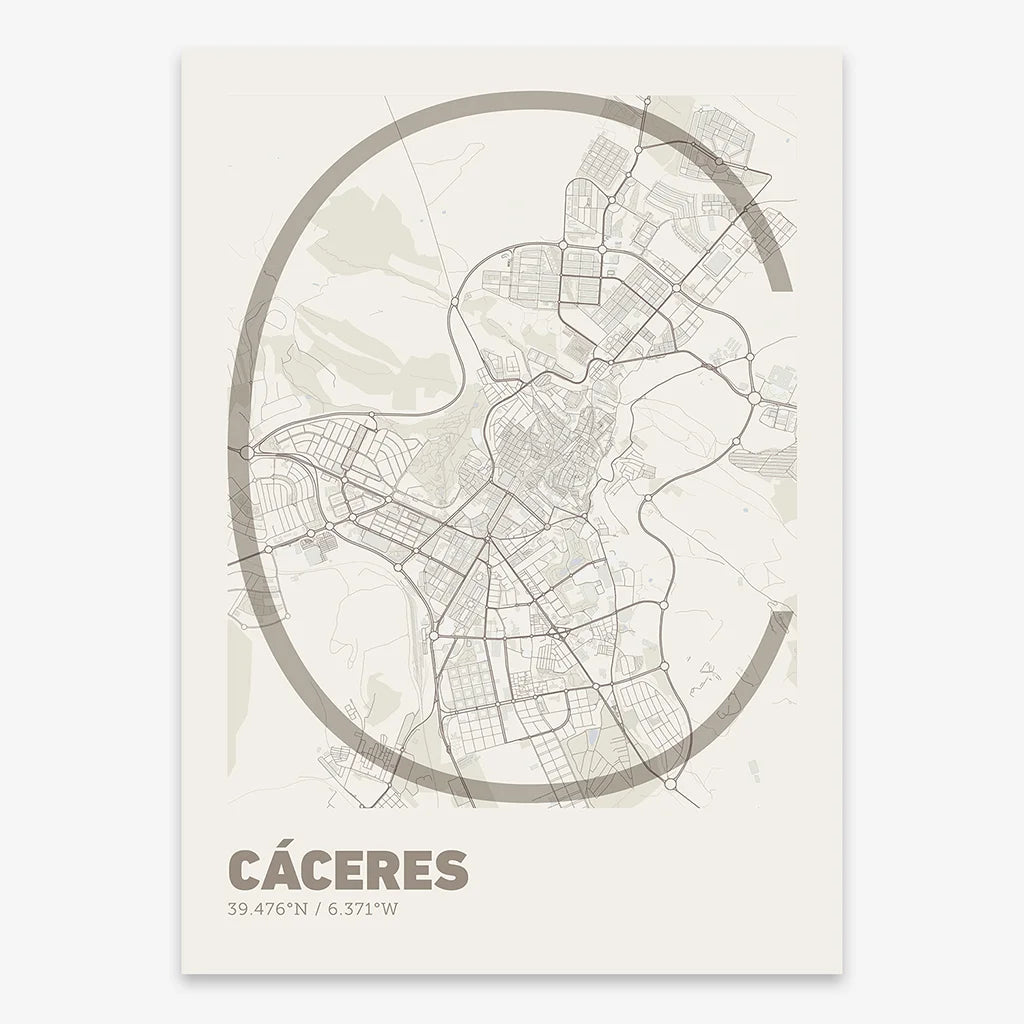 Poster of Caceres composed with letters in extra light font printed on light brown and an off-white background