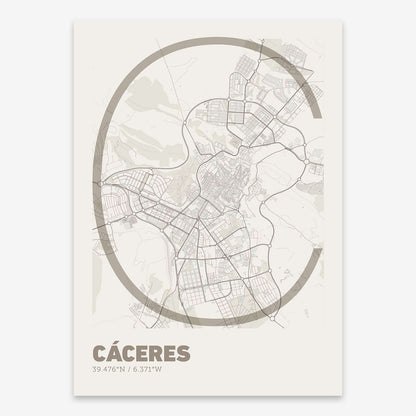 The map of Caceres composed with letters in extra light font printed on light brown and an off-white background