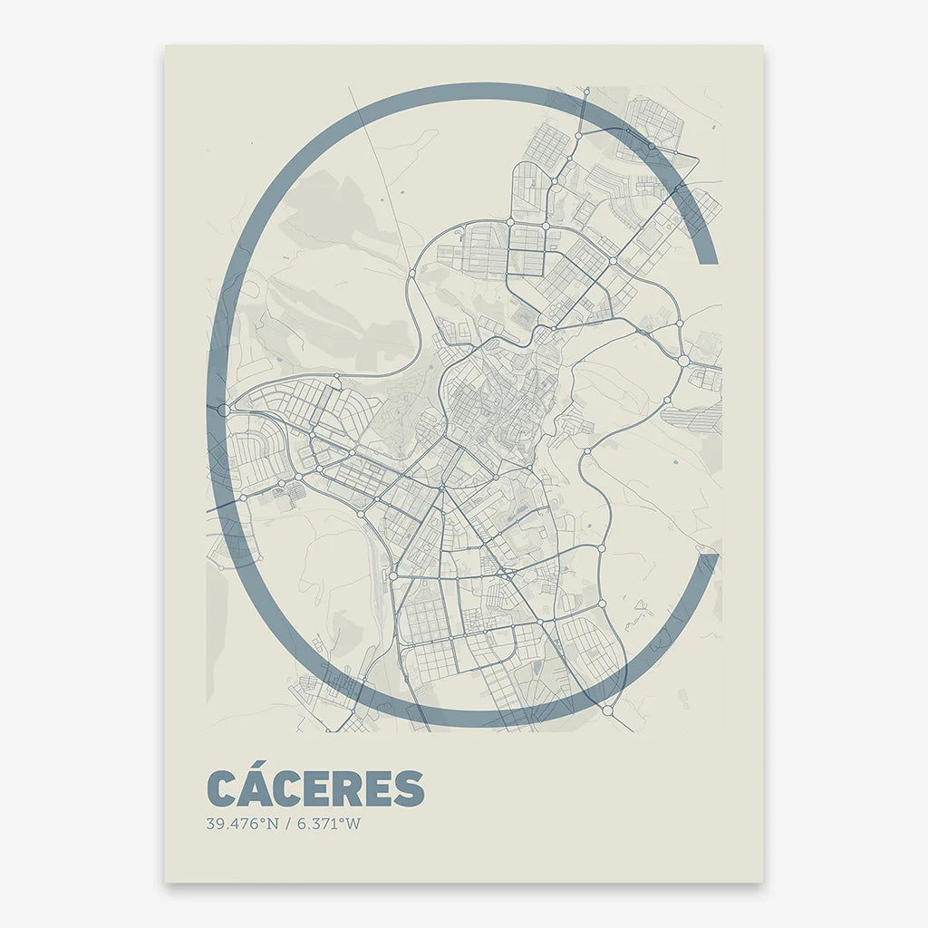 Poster of Caceres composed with letters in extra light font printed on bluish gray and an off-white background