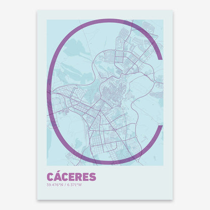 The map of Caceres composed with letters in extra light font printed on purple and light blue