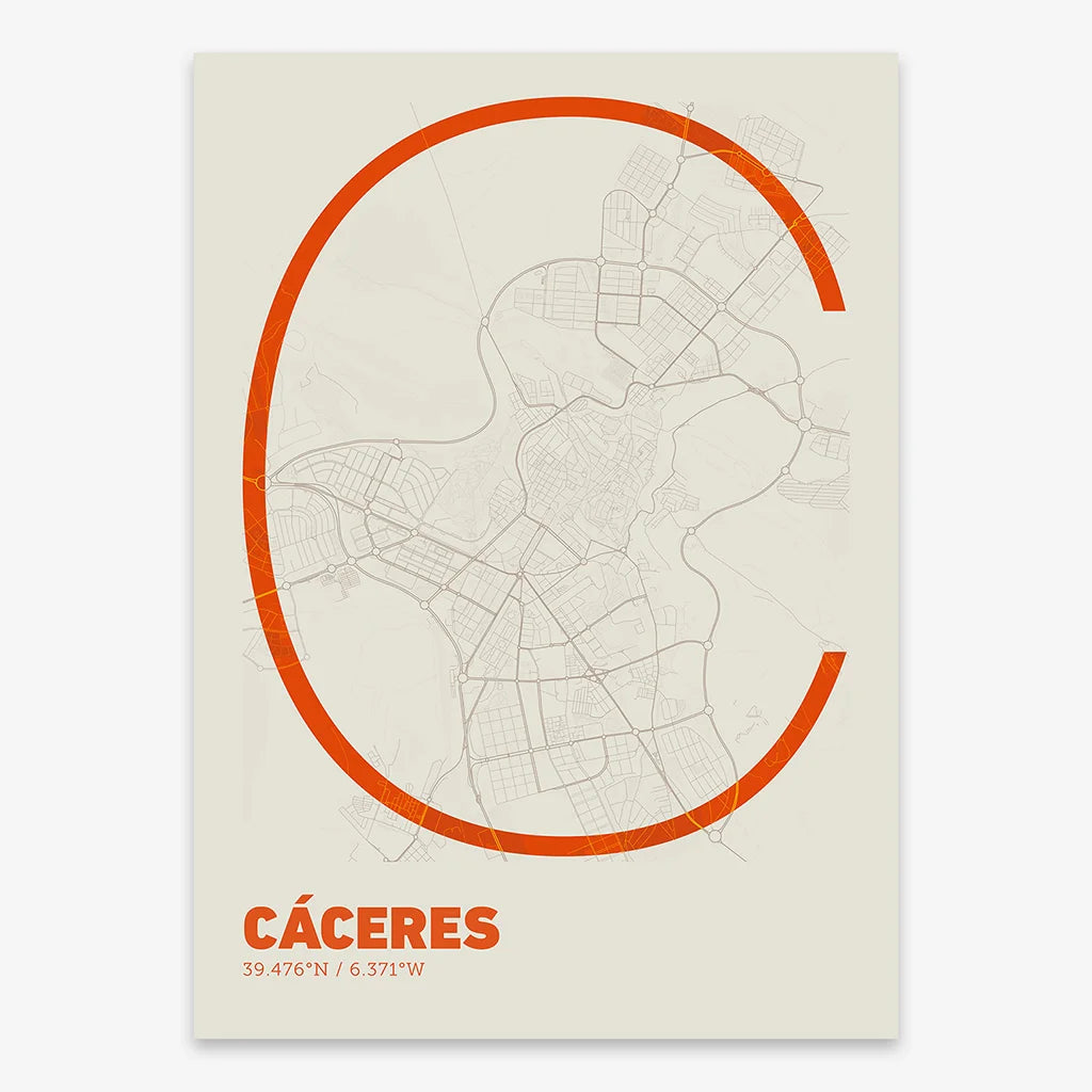 Poster of Caceres composed with letters in extra light font printed on orange and an off-white background