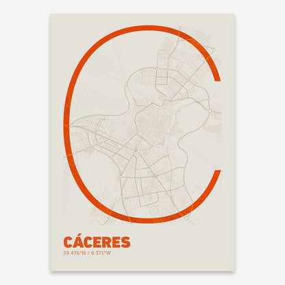 The map of Caceres composed with letters in extra light font printed on orange and an off-white background