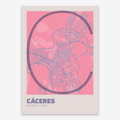 The map of Caceres composed with letters in extra light font printed on violet y pink background