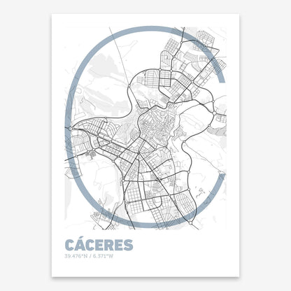 The map of Caceres composed with letters in extra light font printed on black and white