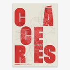 Decorative print of Caceres with letters of its name placed randomly, designed in red and an off-white background