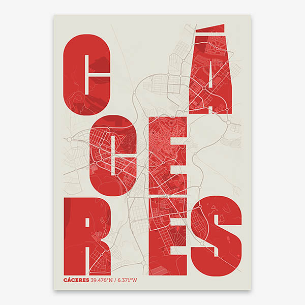 Decorative print of Caceres with letters of its name placed randomly, designed in red and an off-white background