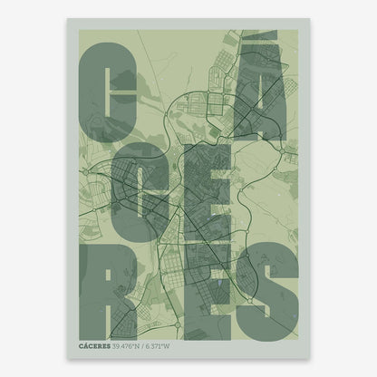 The map of Caceres with letters of its name placed randomly, designed in two green tones
