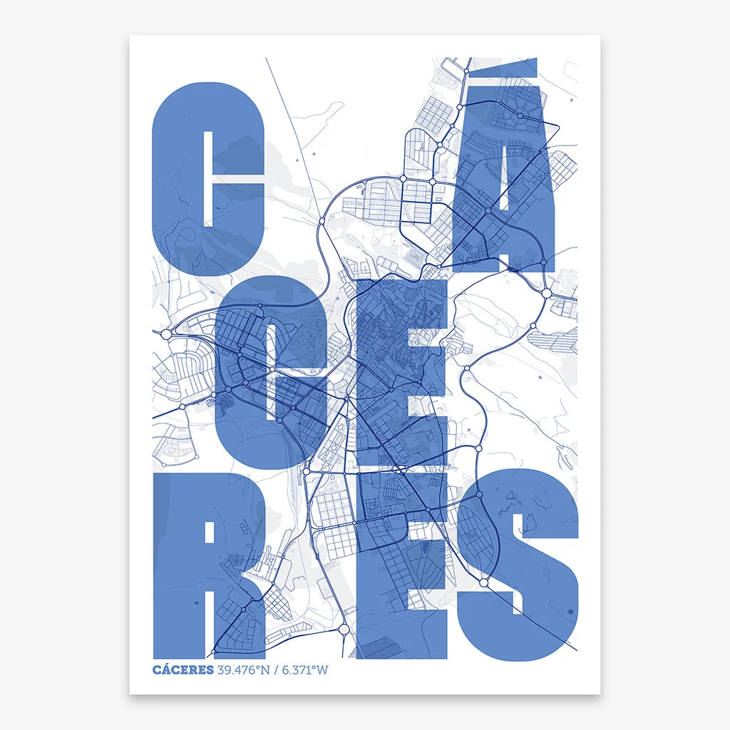 Decorative print of Caceres with letters of its name placed randomly, designed in navy blue and white