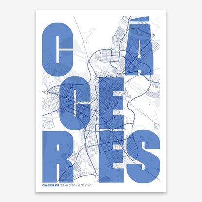 The map of Caceres with letters of its name placed randomly, designed in navy blue and white