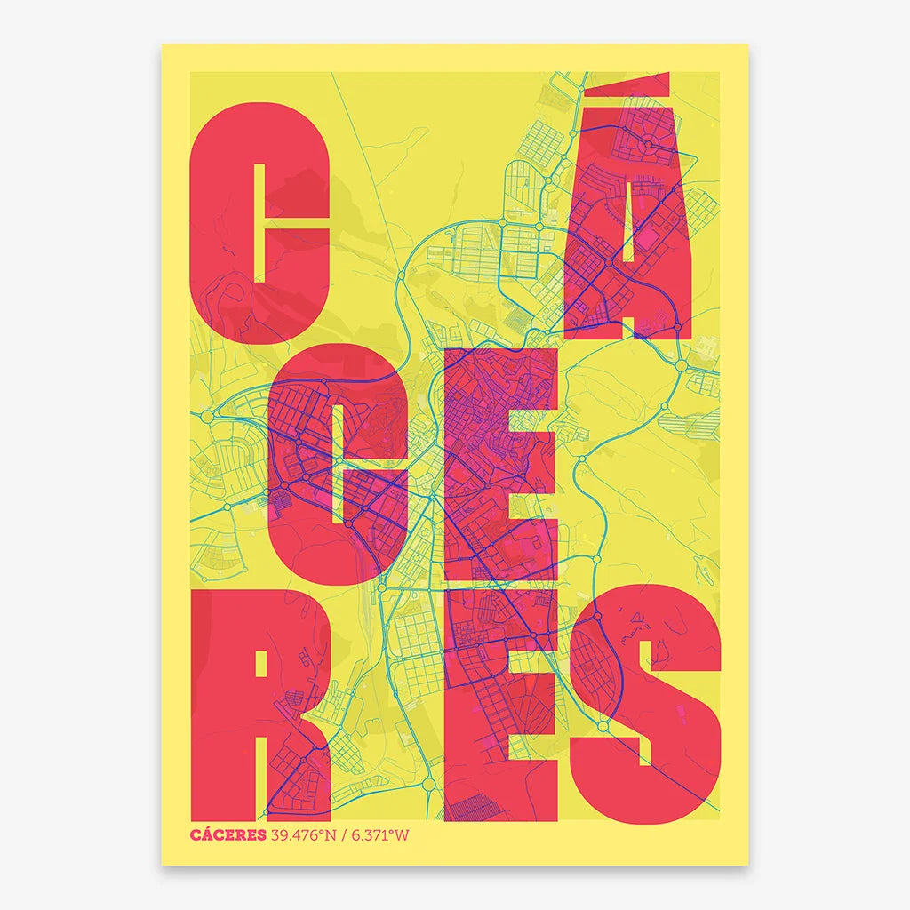 Decorative print of Caceres with letters of its name placed randomly, designed in yellow and fuchsia