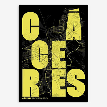 The map of Caceres with letters of its name placed randomly, designed in black and yellow