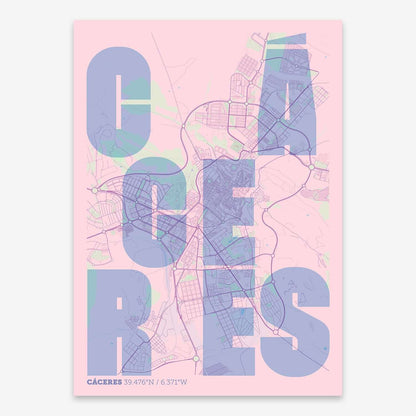 The map of Caceres with letters of its name placed randomly, designed in pink and light blue