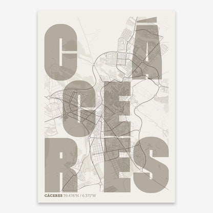 The map of Caceres with letters of its name placed randomly, designed in light brown and an off-white background
