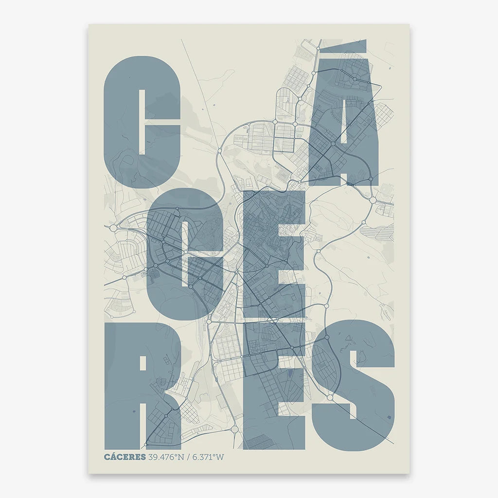 Decorative print of Caceres with letters of its name placed randomly, designed in bluish gray and an off-white background