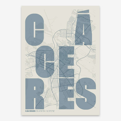 The map of Caceres with letters of its name placed randomly, designed in bluish gray and an off-white background