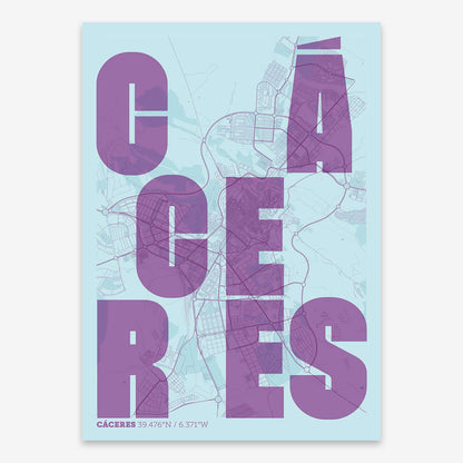 The map of Caceres with letters of its name placed randomly, designed in purple and light blue