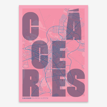 The map of Caceres with letters of its name placed randomly, designed in violet y pink background