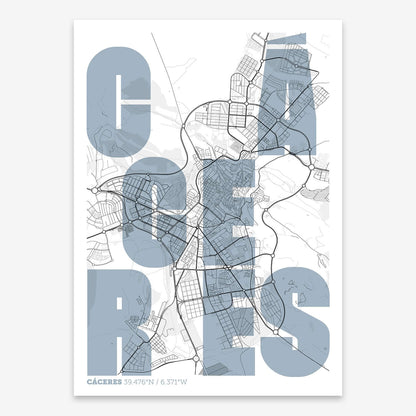 The map of Caceres with letters of its name placed randomly, designed in black and white