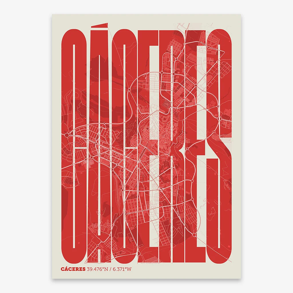 Decorative map of Caceres and letters of its name in a giclée print designed in red and an off-white background
