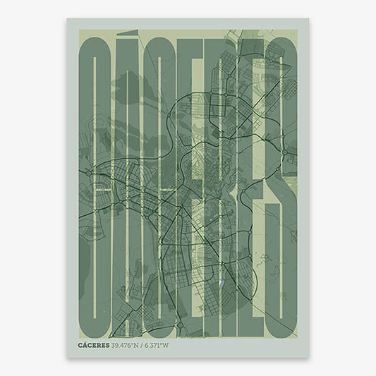 Decorative map of Caceres and letters of its name in a giclée print designed in two green tones