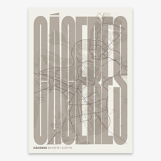 Decorative map of Caceres and letters of its name in a giclée print designed in light brown and an off-white background