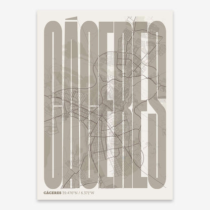 The map of Caceres and letters of its name in a giclée print designed in light brown and an off-white background
