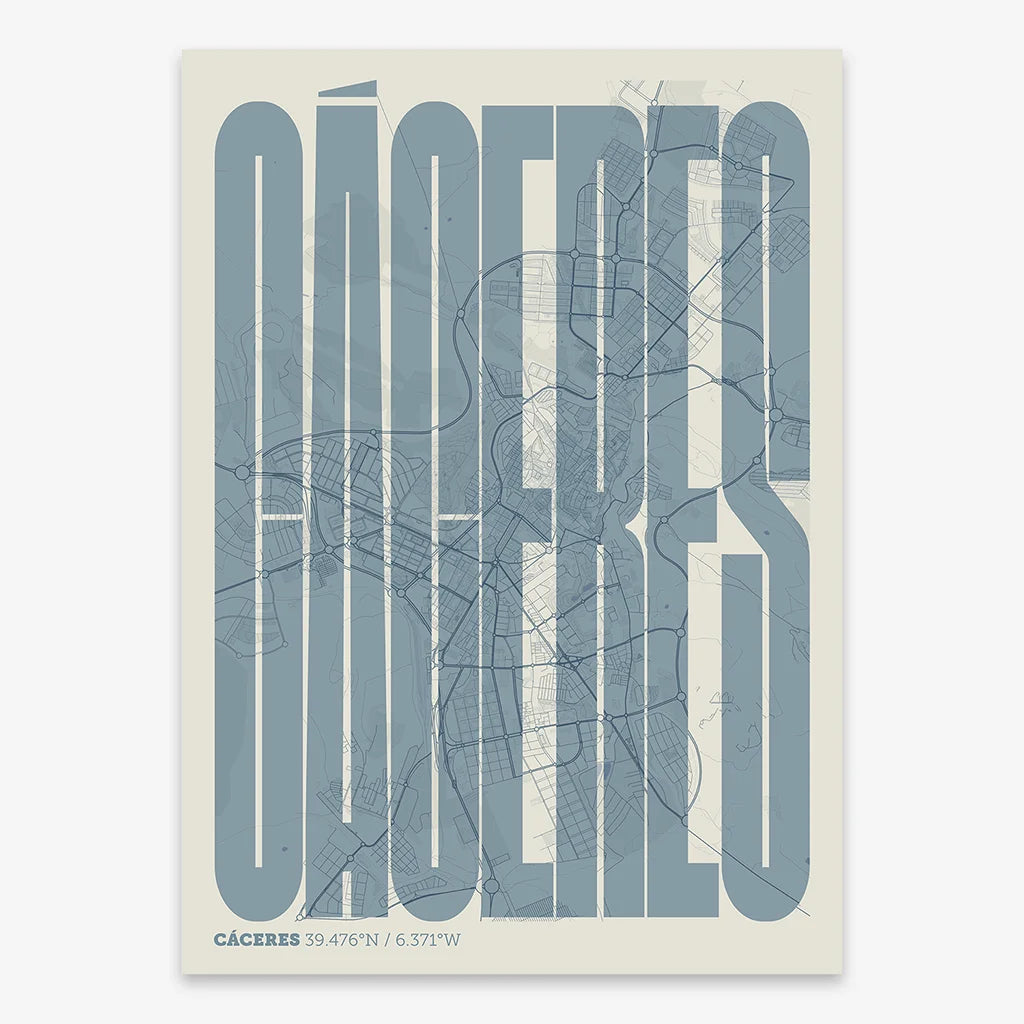Decorative map of Caceres and letters of its name in a giclée print designed in bluish gray and an off-white background