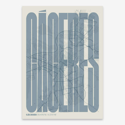 The map of Caceres and letters of its name in a giclée print designed in bluish gray and an off-white background