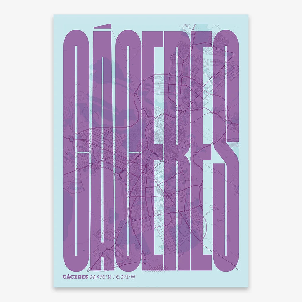 Decorative map of Caceres and letters of its name in a giclée print designed in purple and light blue
