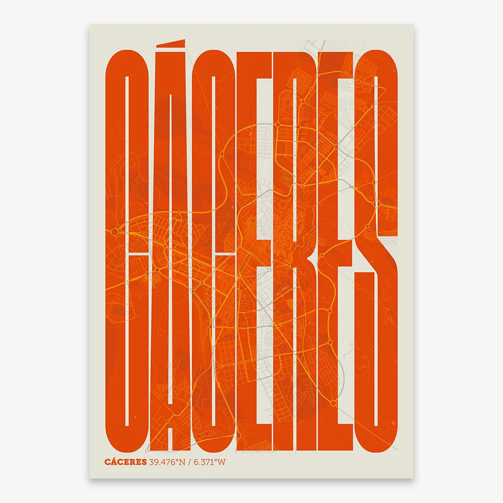 Decorative map of Caceres and letters of its name in a giclée print designed in orange and an off-white background
