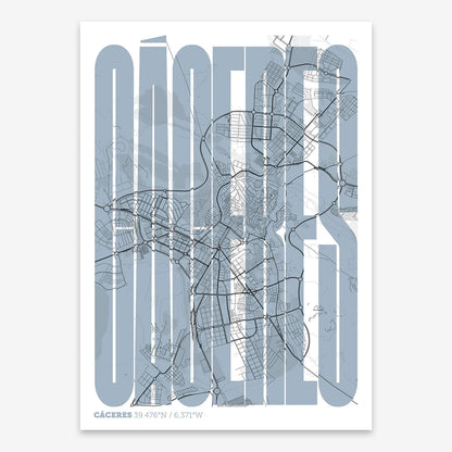 The map of Caceres and letters of its name in a giclée print designed in black and white