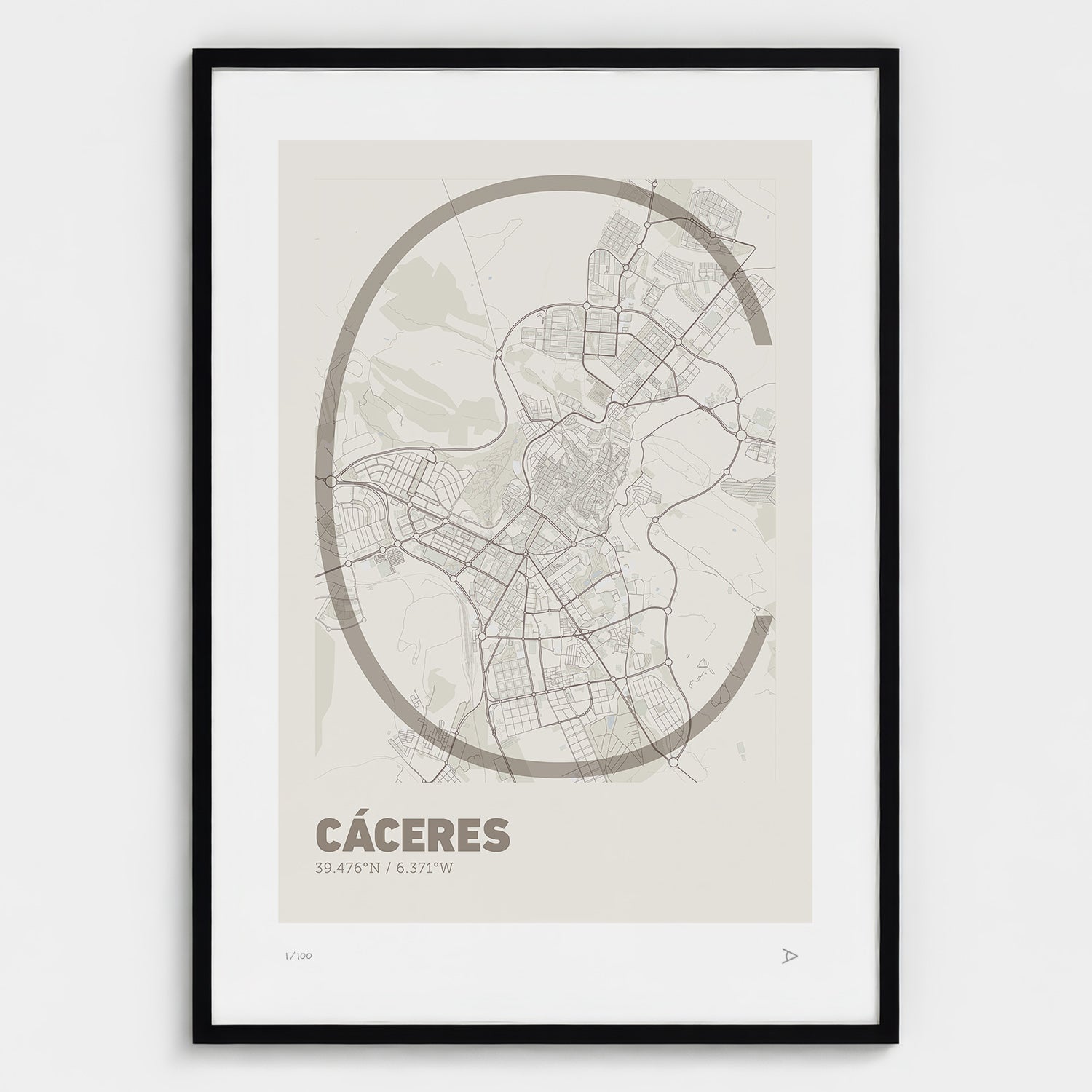 Lámina tipográfica de Caceres – diseño Ultrafina, marco negro