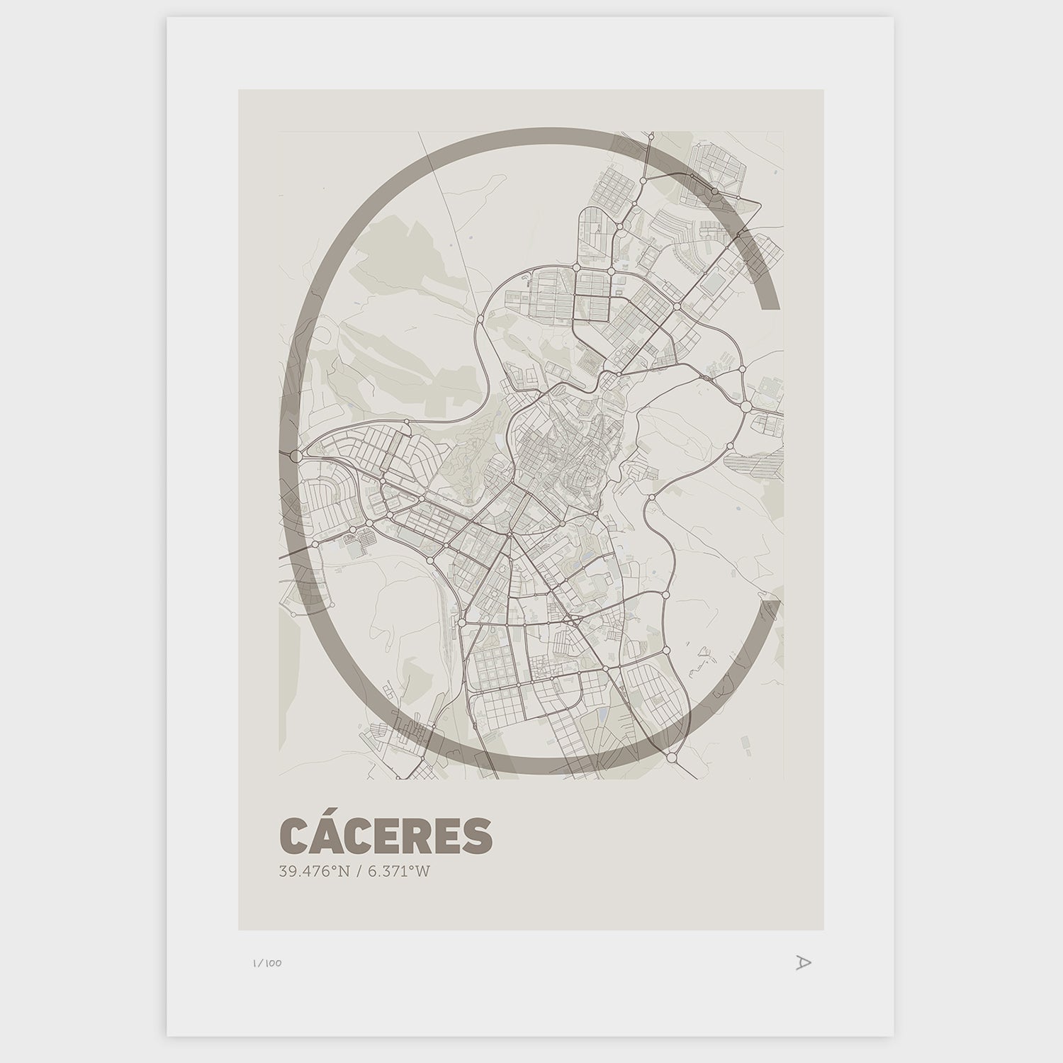 Lámina tipográfica de Caceres – diseño Ultrafina, sin marco sobre papel
