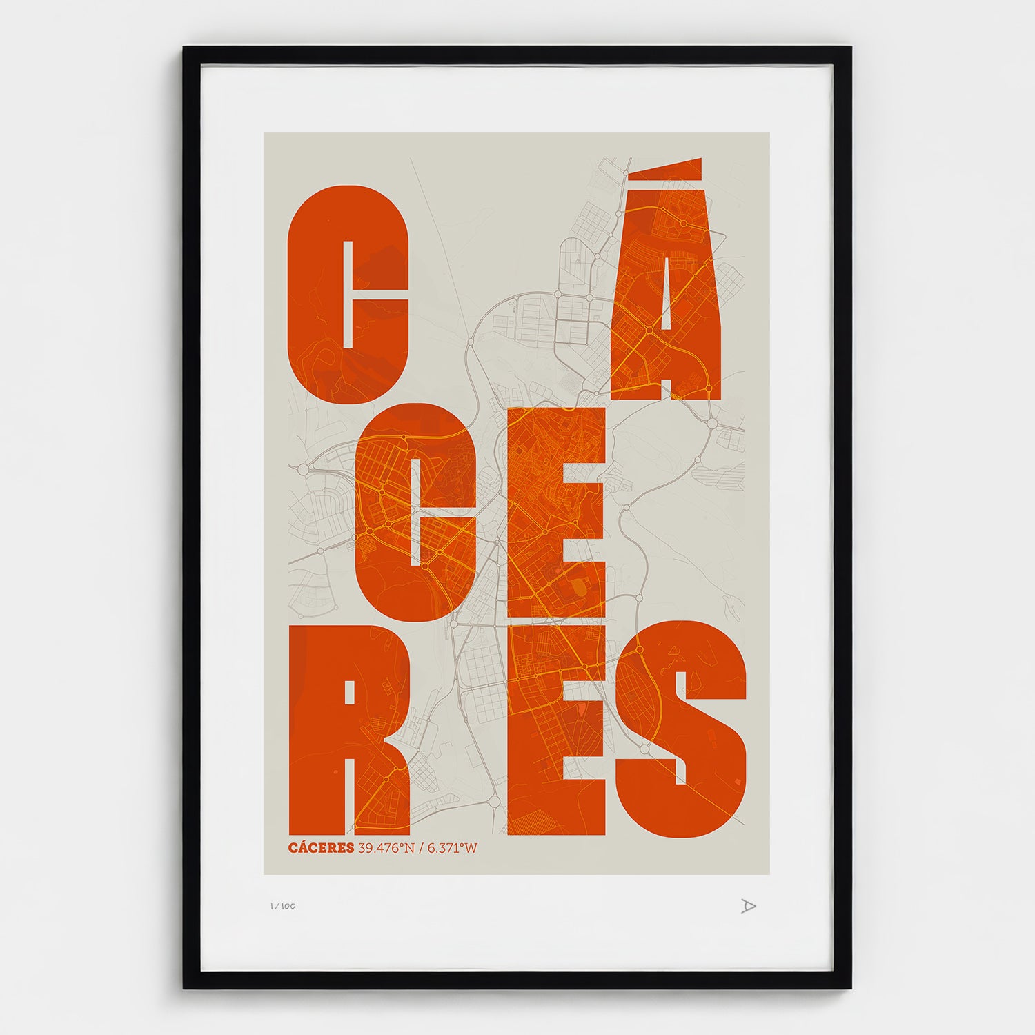 Lámina tipográfica de Caceres – diseño Revoltosa, marco negro