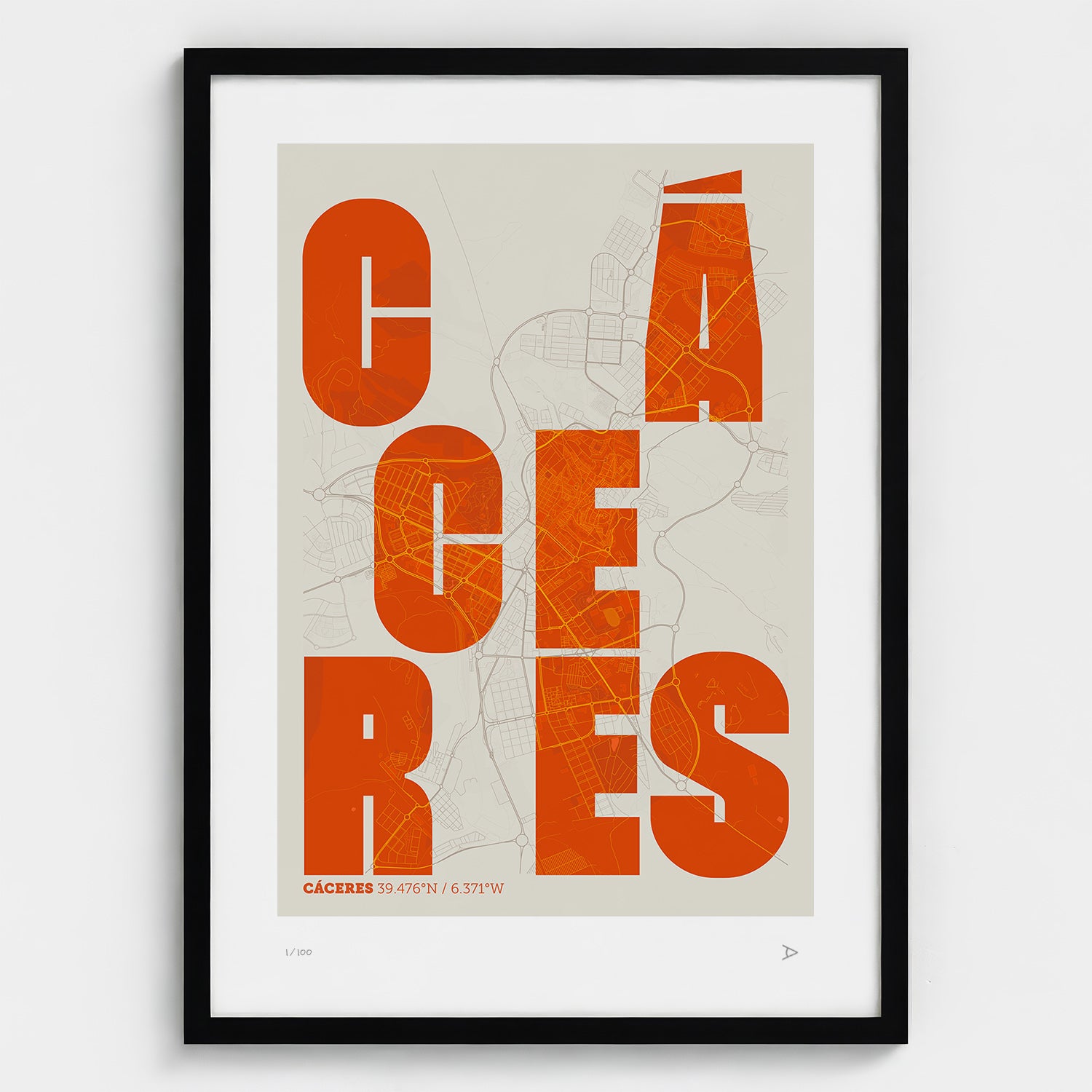 Lámina tipográfica de Caceres – diseño Revoltosa, marco negro