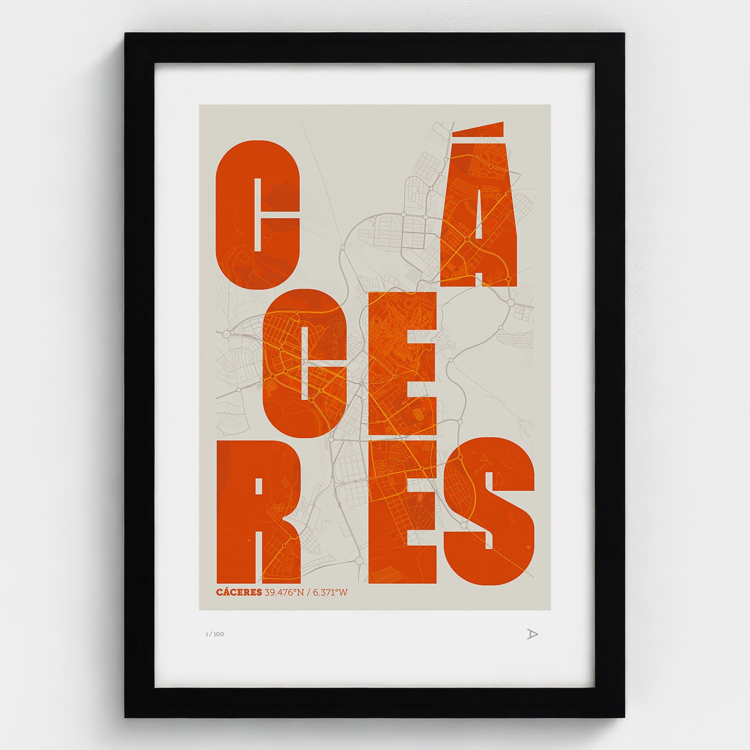 Lámina tipográfica de Caceres – diseño Revoltosa, marco negro