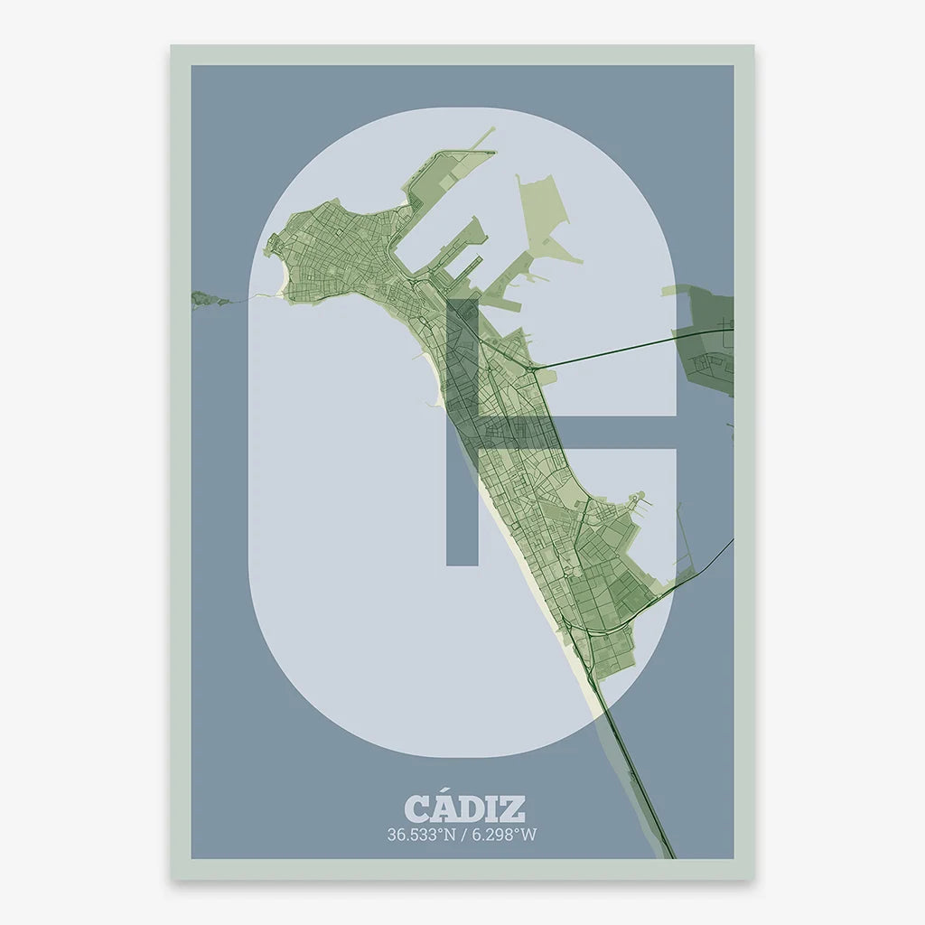 Decorative print of Cadiz composed with letters in a heavy geometric font printed on two green tones