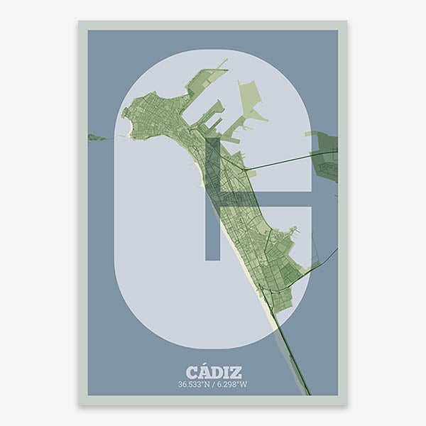 Decorative print of Cadiz composed with letters in a heavy geometric font printed on two green tones