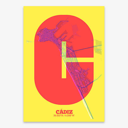 Decorative print of Cadiz composed with letters in a heavy geometric font printed on yellow and fuchsia
