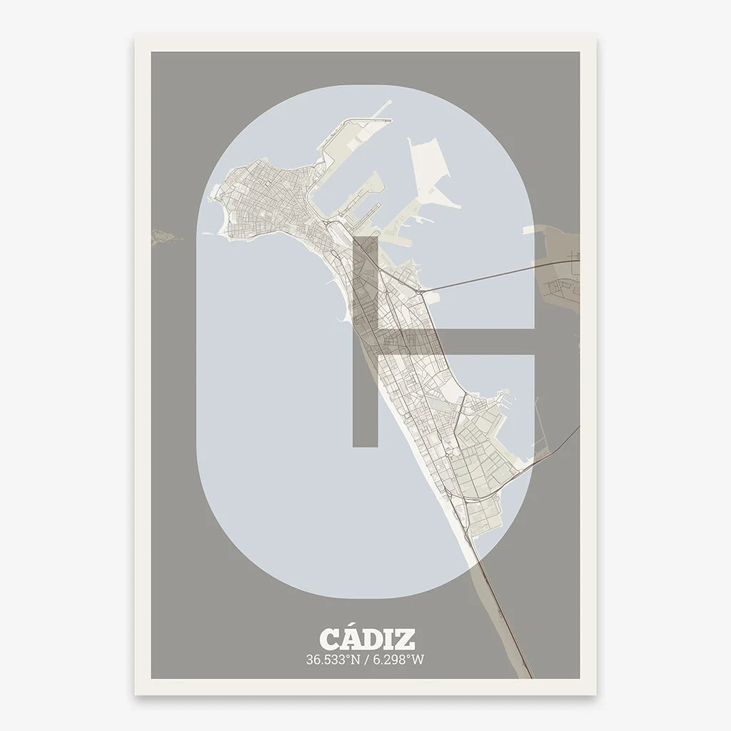 Decorative print of Cadiz composed with letters in a heavy geometric font printed on light brown and an off-white background