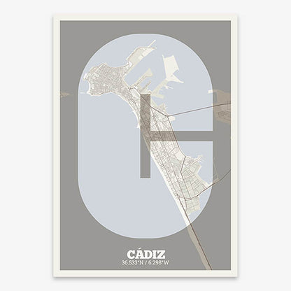 Decorative print of Cadiz composed with letters in a heavy geometric font printed on light brown and an off-white background