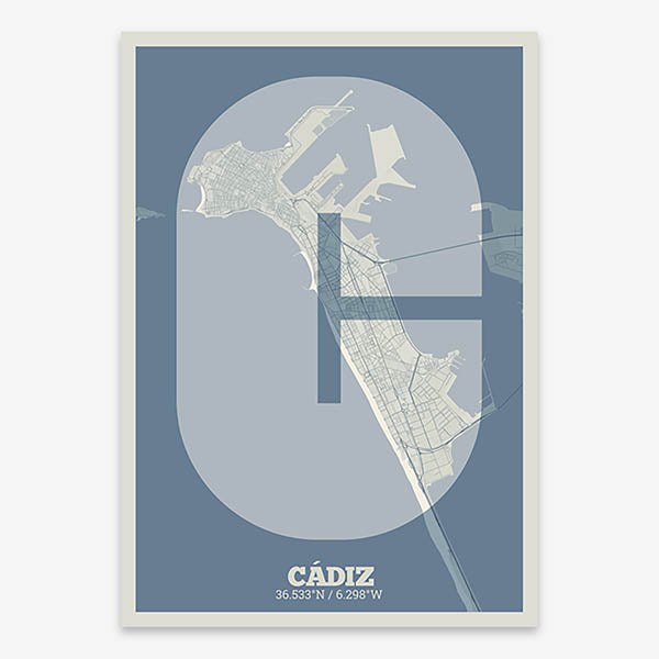 Decorative print of Cadiz composed with letters in a heavy geometric font printed on bluish gray and an off-white background