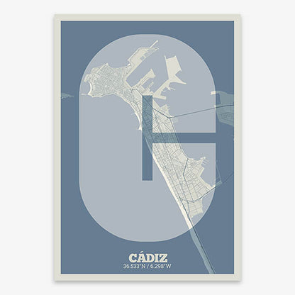 Decorative print of Cadiz composed with letters in a heavy geometric font printed on bluish gray and an off-white background