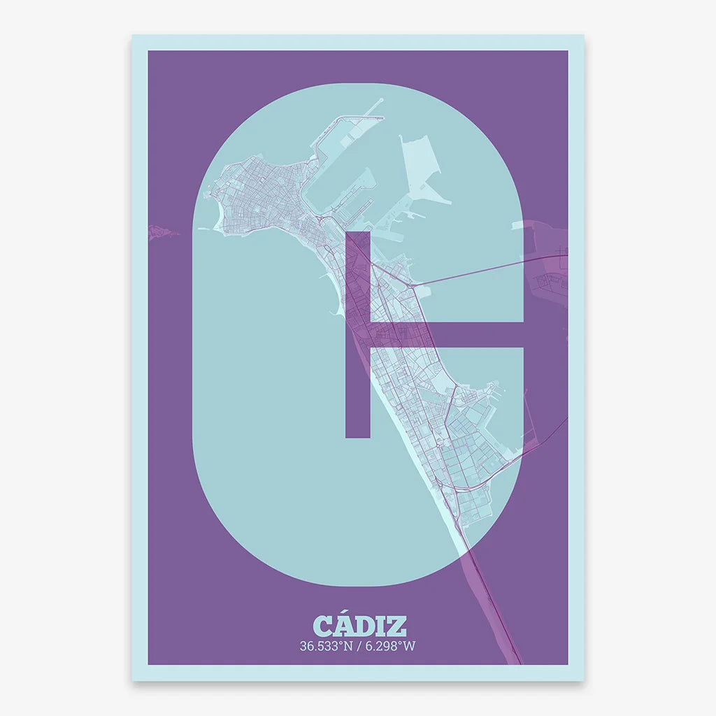 Decorative print of Cadiz composed with letters in a heavy geometric font printed on purple and light blue