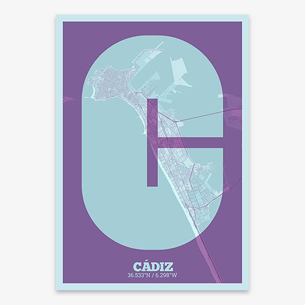 Decorative print of Cadiz composed with letters in a heavy geometric font printed on purple and light blue