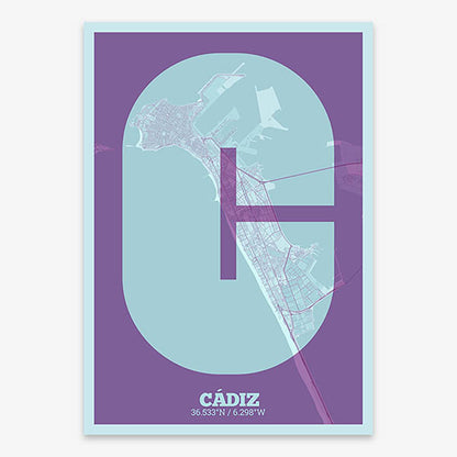 Decorative print of Cadiz composed with letters in a heavy geometric font printed on purple and light blue