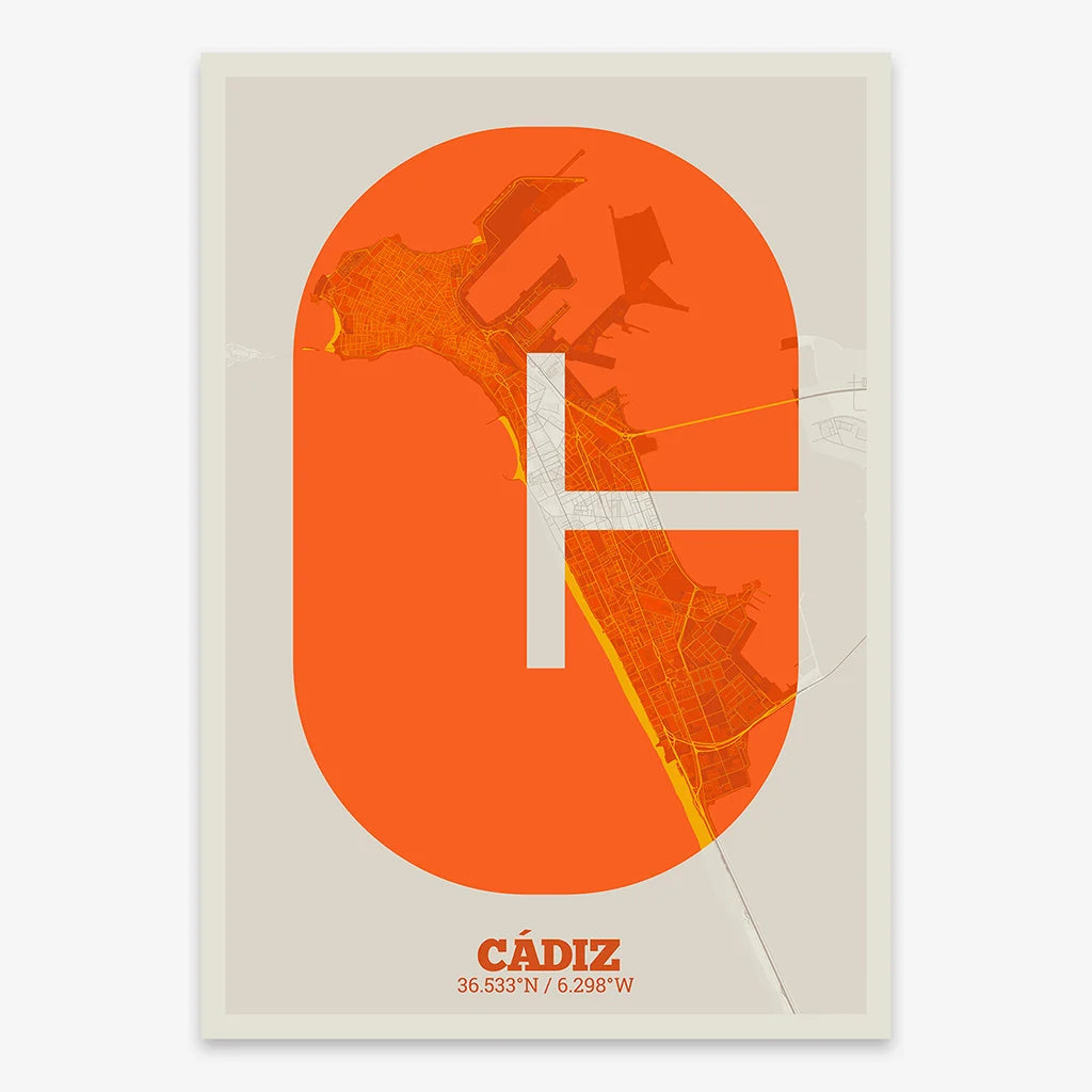 Decorative print of Cadiz composed with letters in a heavy geometric font printed on orange and an off-white background